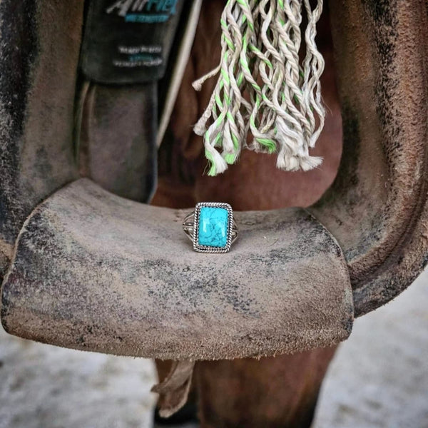 RTS - Sterling Silver Rectangle Turquoise Adjustable Ring - Rope Edge