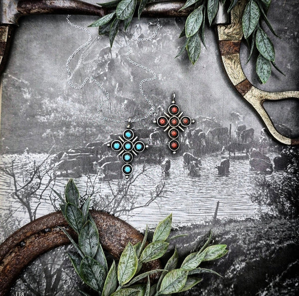 RTS - Turquoise and Red Coral Necklace - Double Sided Cross Pendant