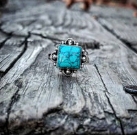 RTS - Sterling Silver Square Turquoise Adjustable Ring - Dots