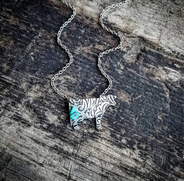 Hand Stamped Cow Necklace - Scroll