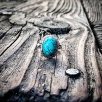 RTS - Sterling Silver Oval Turquoise Adjustable Ring - Lines