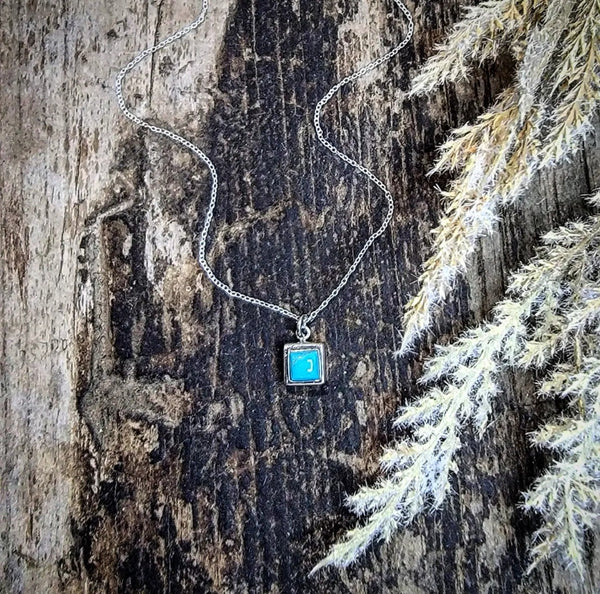 Silver Necklace with Square Turquoise Pendant